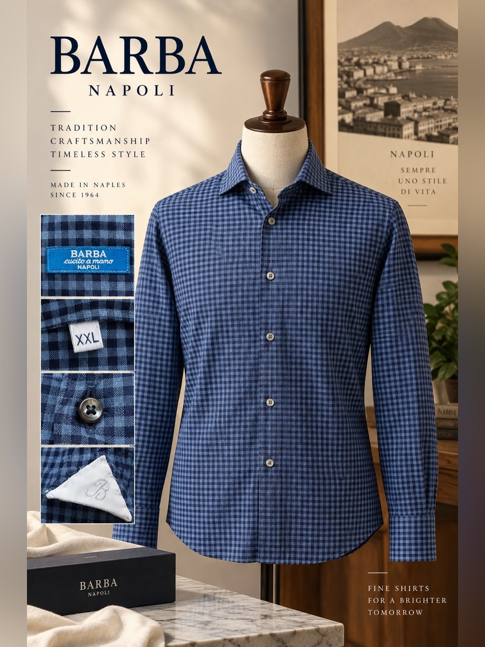 BARBA Napoli Blue Check Cotton Dress Shirt - XXL